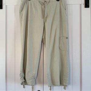 Columbia Linen Blend Capri Pants Medium Beige Zip Button Tie Hem Cargo
